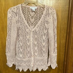 Newport News Women's Light Pink V-Neck Crochet Sweater